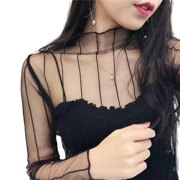 Tops - NEW Black Sheer Mesh Blouse Striped Top S to MP